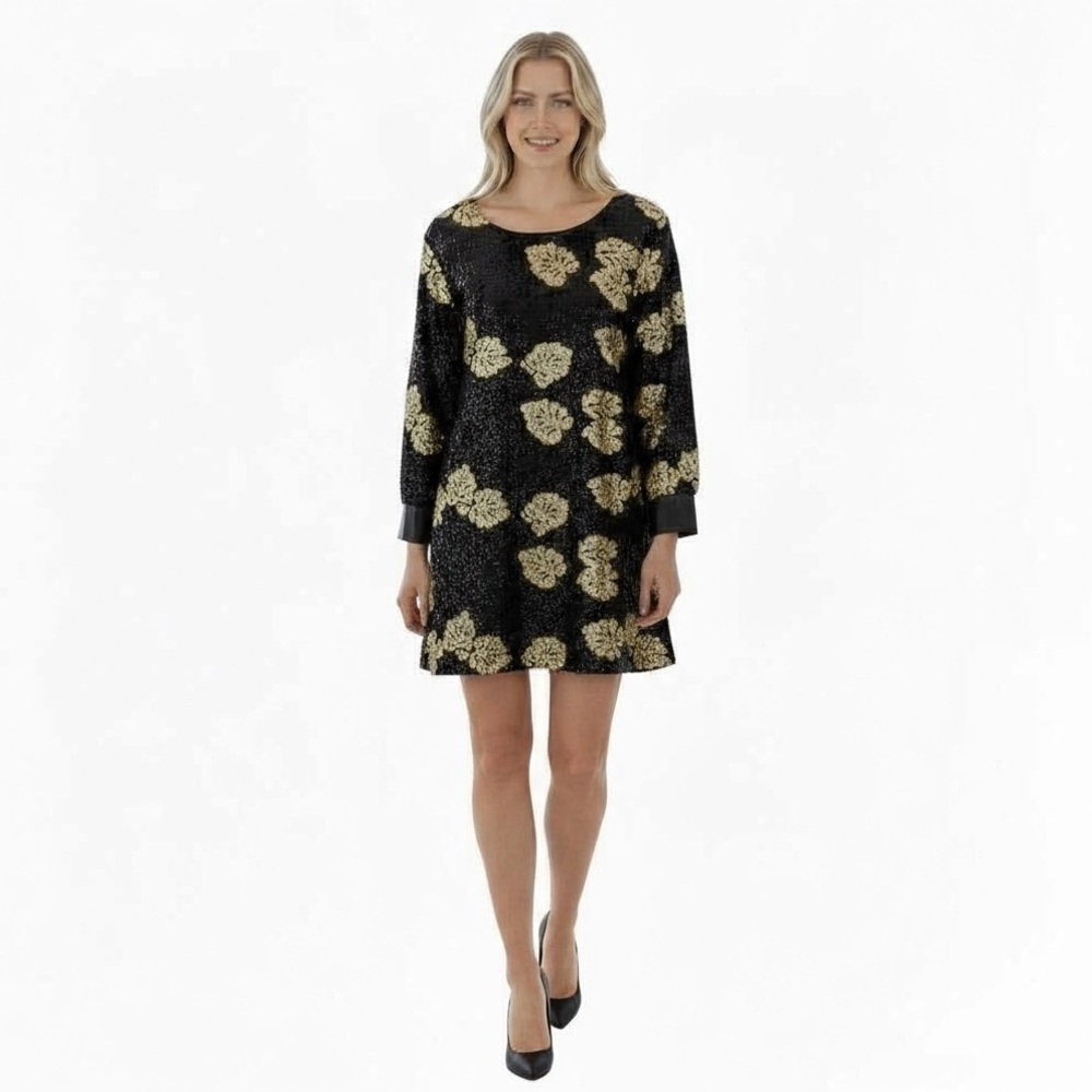 DRESS THE POPULATION Women’s Black and Gold Sequin Mini Dress large